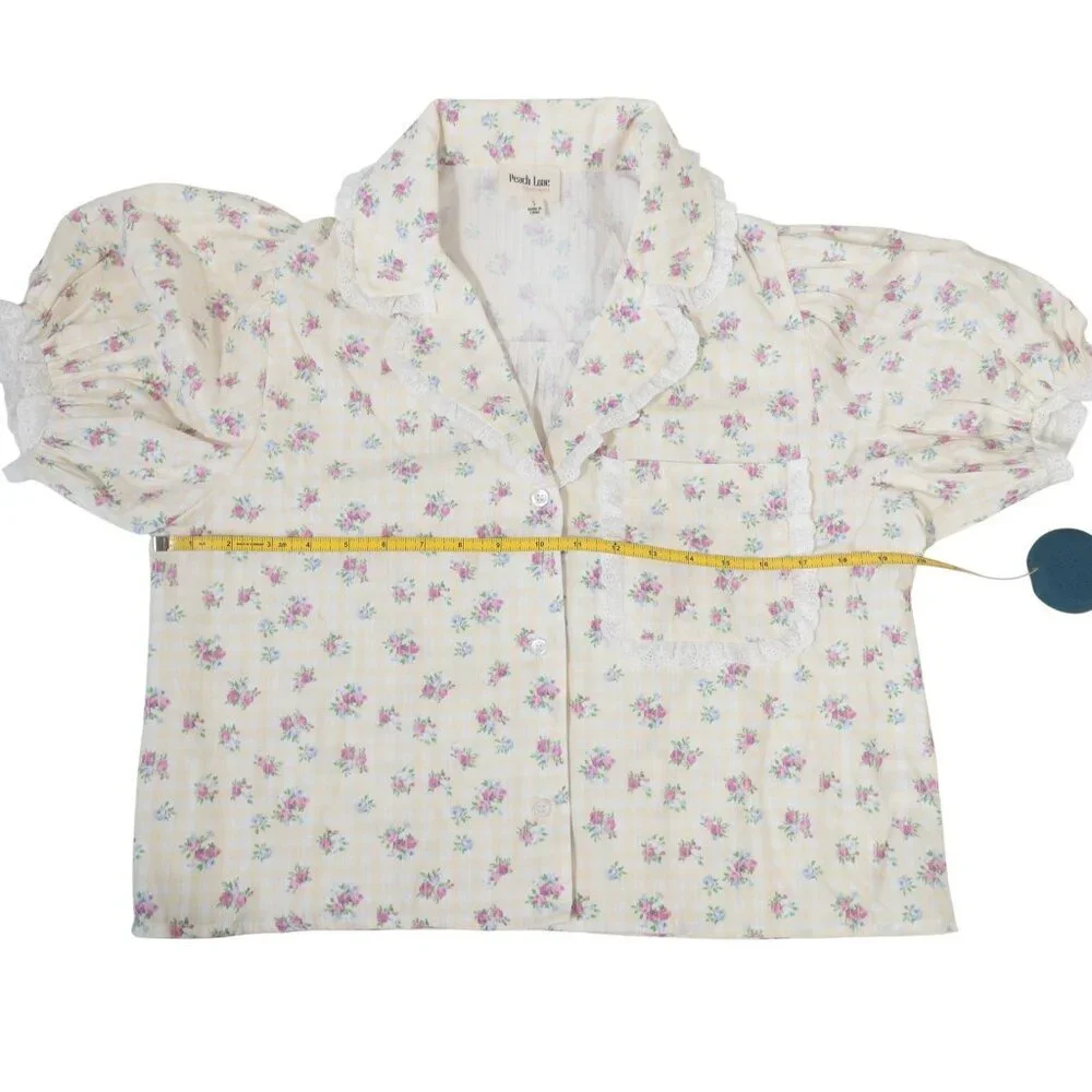 Cottage Core Peach Love Yellow and White Gingham Floral Top SZ S Puff Sleeve - Picture 3 of 13